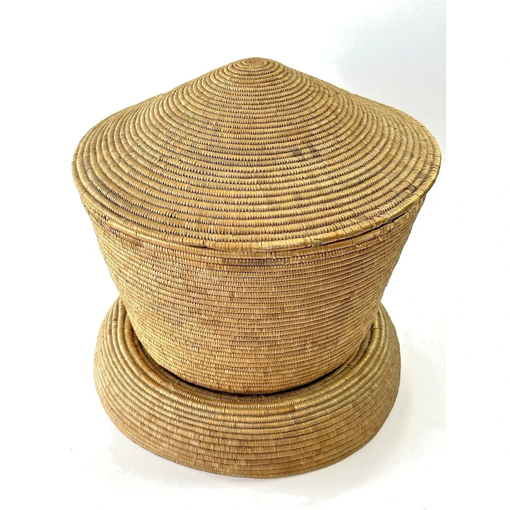 Vintage African Style Handwoven Coil‎ Lidded Basket W/ Colorful Interior Design